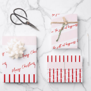 Merry Christmas Red Stripes & Soft Pink Wrapping Paper Sheets