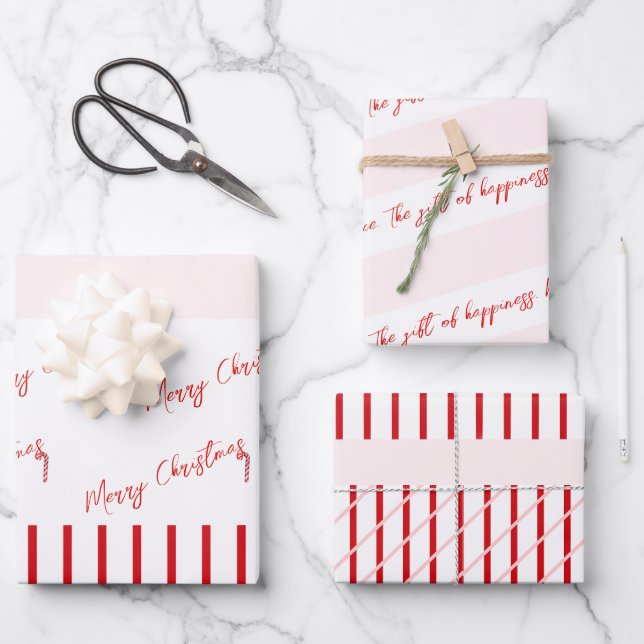 Merry Christmas Red Stripes & Soft Pink Wrapping Paper Sheets (Front)