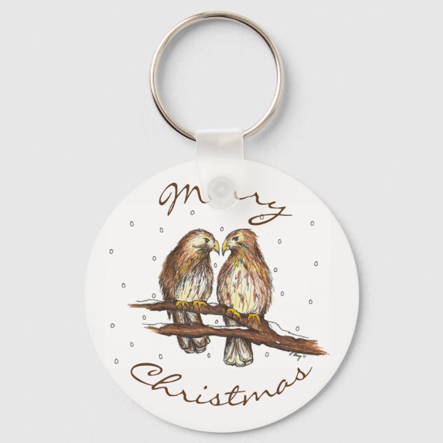 Merry Christmas Red Tailed Hawk Love Bird Snow Keychain (Front)