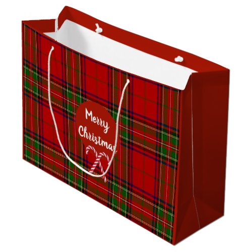 Merry Christmas Red Tartan Plaid Candy Canes Large Gift Bag