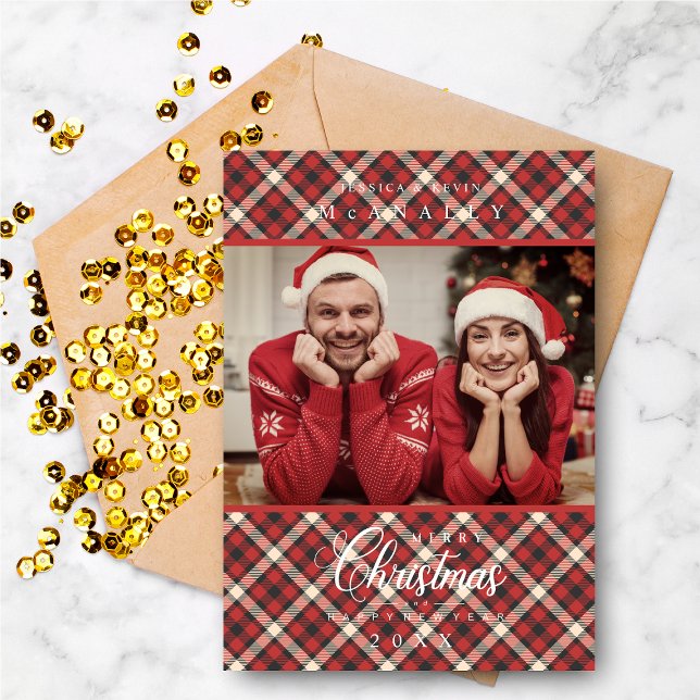 Merry Christmas Red Tartan Plaid Photo Family Holiday Card (Creator Uploaded)