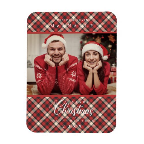 Merry Christmas Red Tartan Plaid Photo Family Magnet