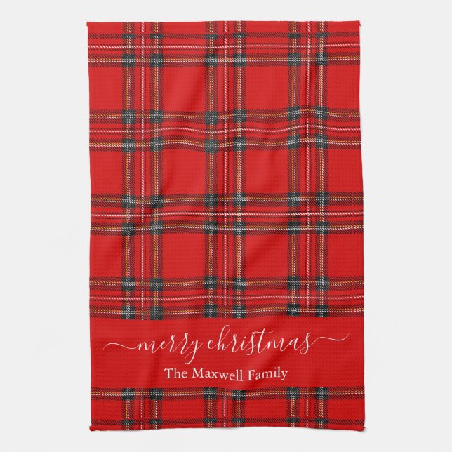 Merry Christmas red tartan plaid script name Kitchen Towel (Vertical)