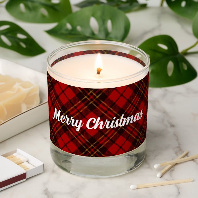 Merry Christmas Red tartan plaid winter pattern Scented Candle (Lit)
