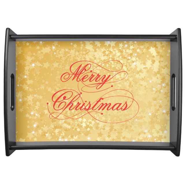 Merry Christmas Red Text Design Gold Bokeh 2 Serving Tray (Front)