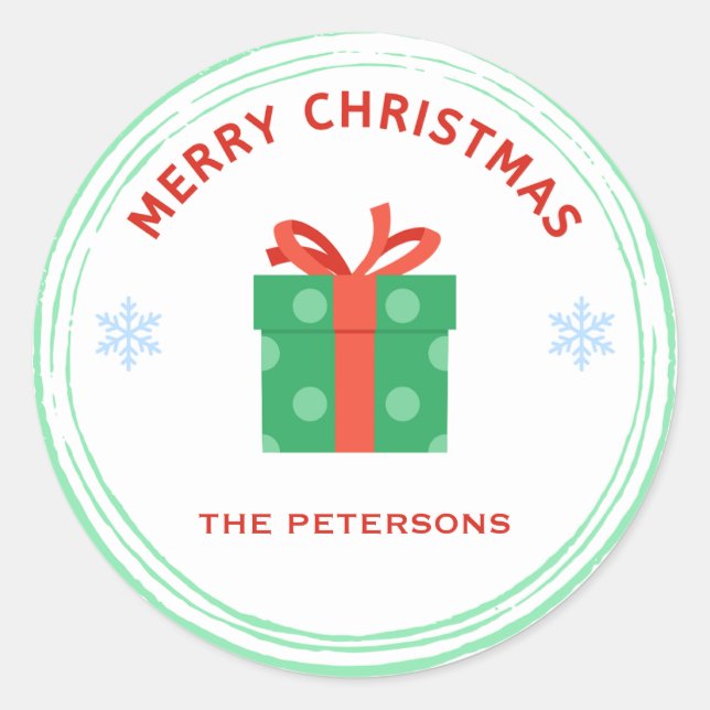 Merry Christmas red text gift box on white Classic Round Sticker (Front)