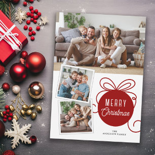 Merry Christmas Red Tree Ornament 3 Photos Holiday Card