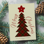 Merry Christmas red tree plaid tartan non-photo Holiday Card<br><div class="desc">Retro style red dark burgundy and hunter green plaid tartan tree and star shapes and handwritten Merry Christmas script nonphoto simple holiday card. Easy to personalize with your family name and year.</div>