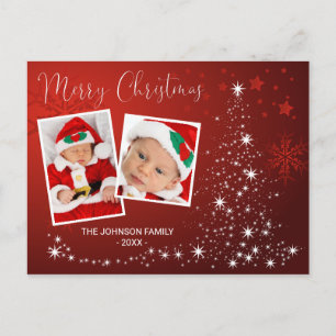 Merry Christmas Red Tree Twinkly Lights Snow PHOTO Holiday Postcard