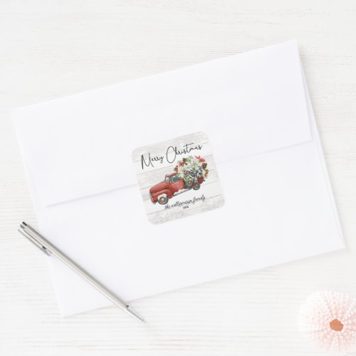 Merry Christmas Red Truck Botanicals Family Name  Square Sticker