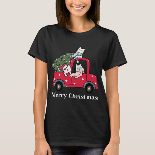 Merry Christmas Red Truck Cat Lover Pajama T-Shirt (Front)