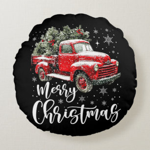 Merry Christmas Red Truck Family Matching Xmas Round Pillow