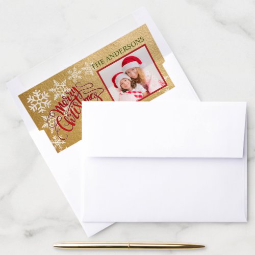 Merry Christmas Red Truck Family Photo Gold Envelope Liner