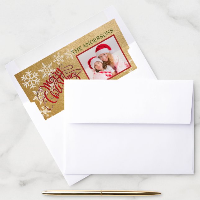 Merry Christmas Red Truck Family Photo Gold Envelope Liner (Desk)