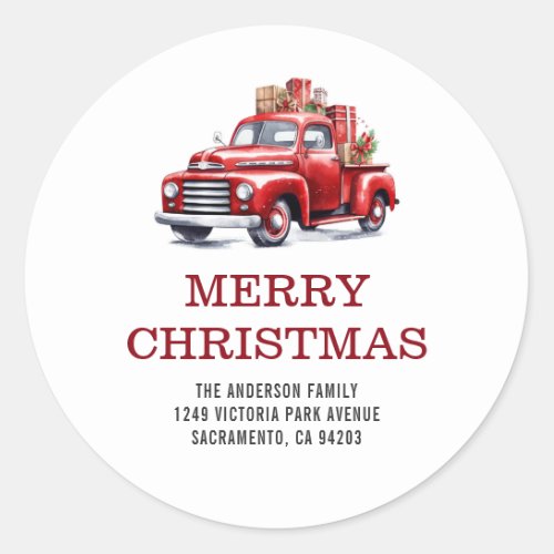 Merry Christmas Red Truck Family Return Address Classic Round Sticker