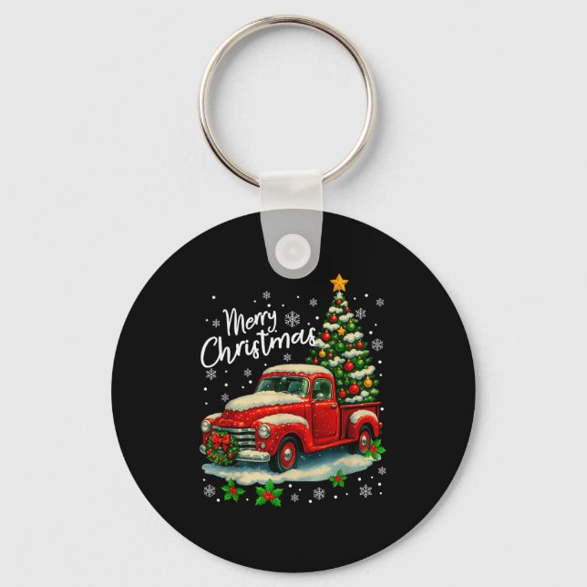 Merry Christmas Red Truck Funny Xmas Tree Family M Keychain (Front)