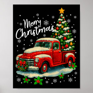 Merry Christmas Red Truck Funny Xmas Tree Family M Poster
