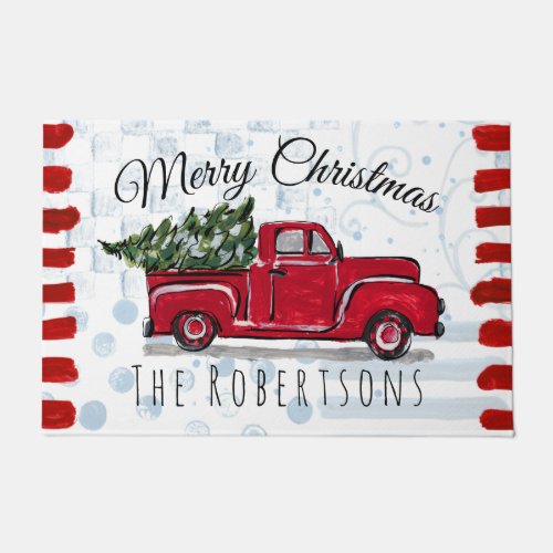 Merry Christmas Red Truck Personalized Door Mat