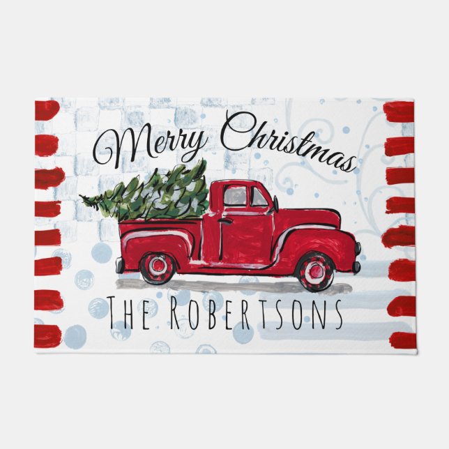 Merry Christmas Red Truck Personalized Door Mat (Front)