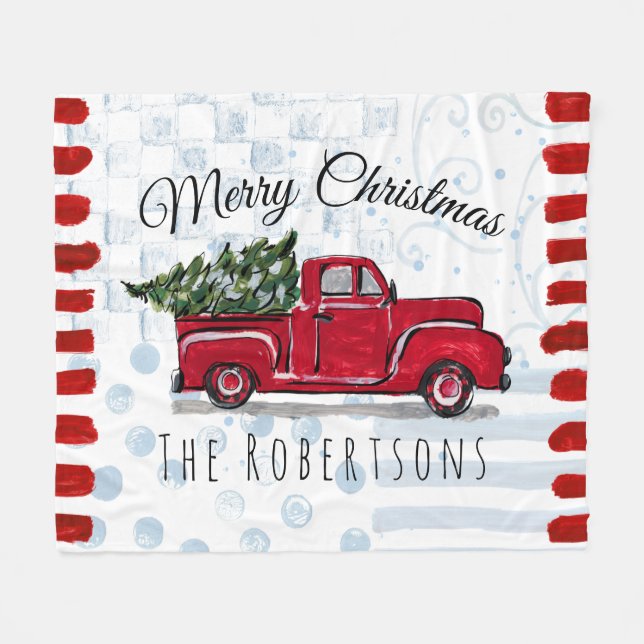 Merry Christmas Red Truck Personalized Fleece Blanket (Front (Horizontal))