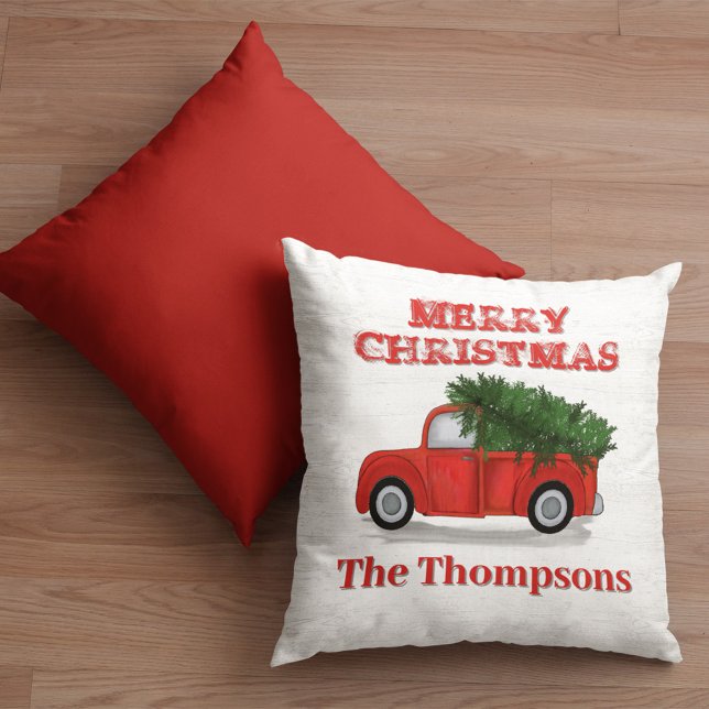 Merry Christmas Red Truck Personalized Throw Pillow (Merry Christmas rustic red truck custom throw pillow.)