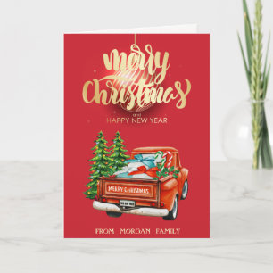 Merry Christmas,Red Truck Pine Tree Christmas Holiday Card