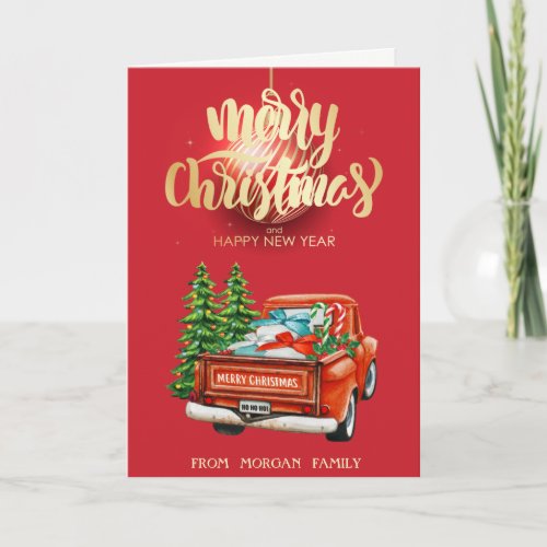 Merry ChristmasRed Truck Pine Tree Christmas Holiday Card