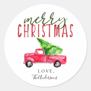 Merry Christmas Red Truck Pine Tree Watercolor Classic Round Sticker