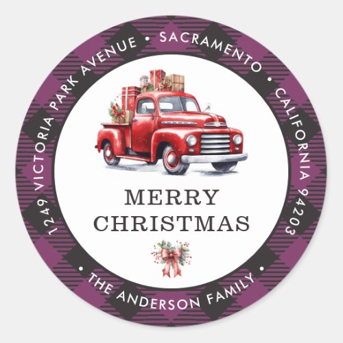 Merry Christmas Red Truck Plaid Return Address Classic Round Sticker