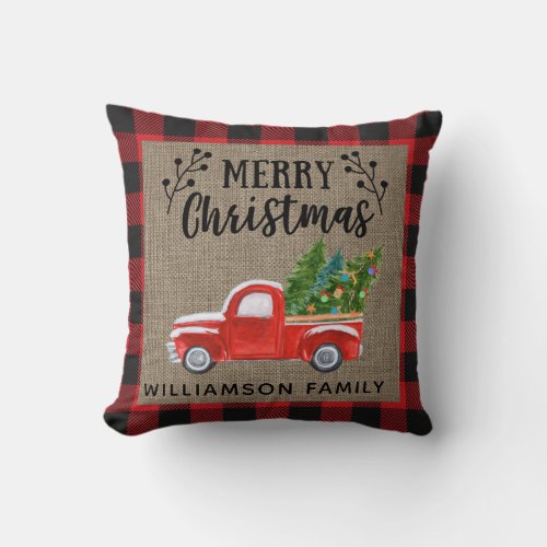 Merry Christmas Red Truck Red Buffalo Check Family Throw Pillow