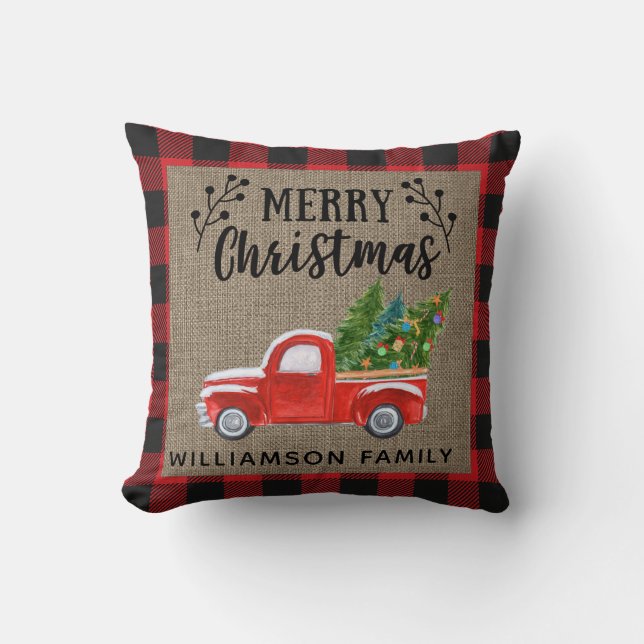 Merry Christmas Red Truck Red Buffalo Check Family Throw Pillow (Front)