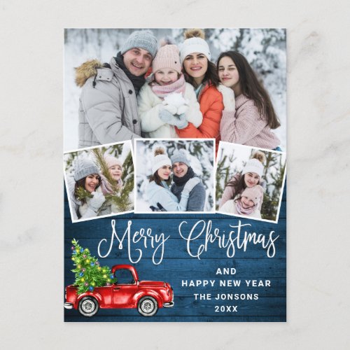 Merry Christmas Red Truck Rustic 4 PHOTO Holiday Postcard