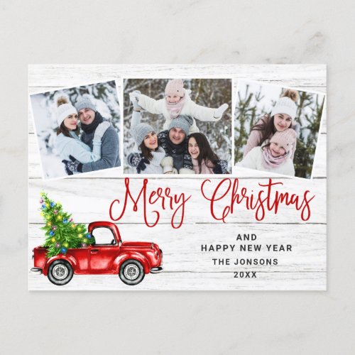 Merry Christmas Red Truck Rustic PHOTO Holiday Postcard