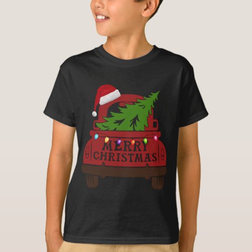 Merry Christmas Red Truck Santa Hat Xmas Tree Paja T_Shirt