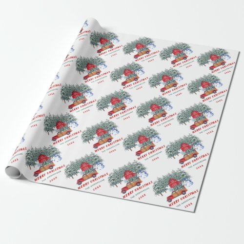 Merry Christmas Red Truck  Snowman Holiday Gift Wrapping Paper