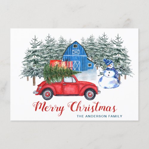 Merry Christmas Red Truck Snowman Rustic Greeting Card