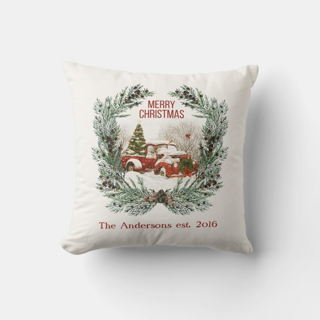 Merry Christmas Red Truck Spruce Wreath Customized Throw Pillow (Front)
