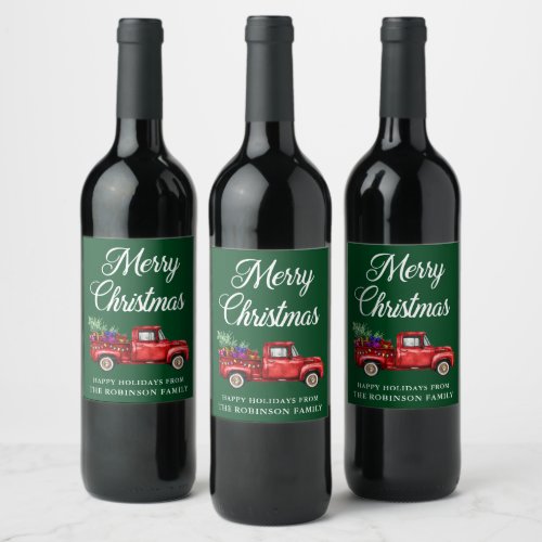 Merry Christmas Red Truck Tree Gifts Lights Green Wine Label