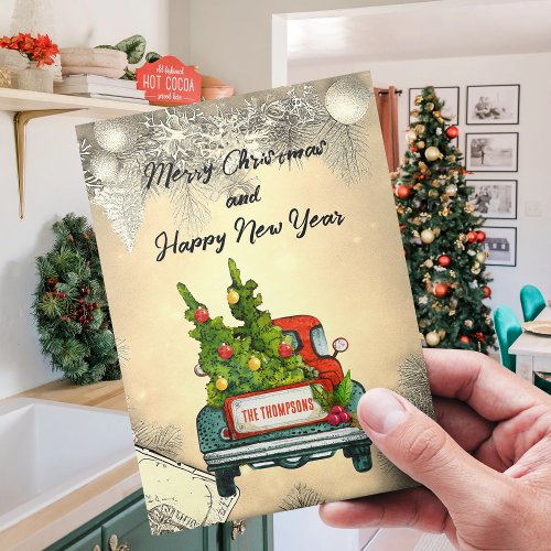 Merry Christmas Red Truck Tree Happy New Year Holiday Postcard