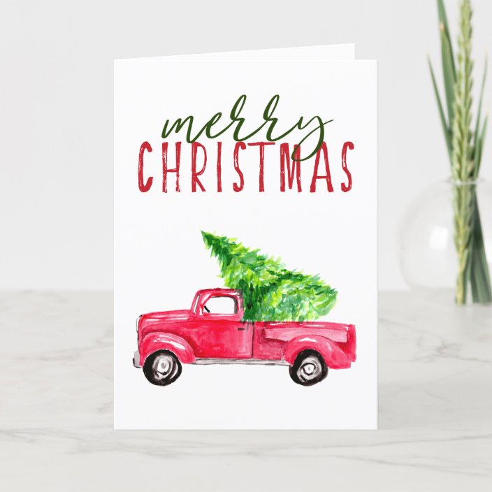 Merry Christmas Red Truck Tree Watercolor Simple Holiday Card Zazzle Com