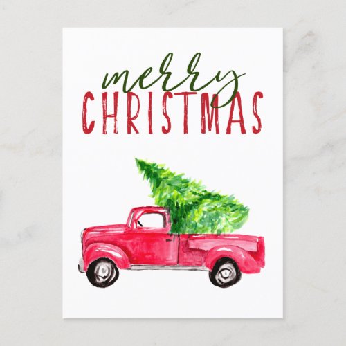 Merry Christmas Red Truck Tree Watercolor Simple Holiday Postcard