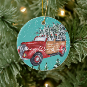 Merry Christmas Red Truck Winter Snowfall Ceramic Ornament