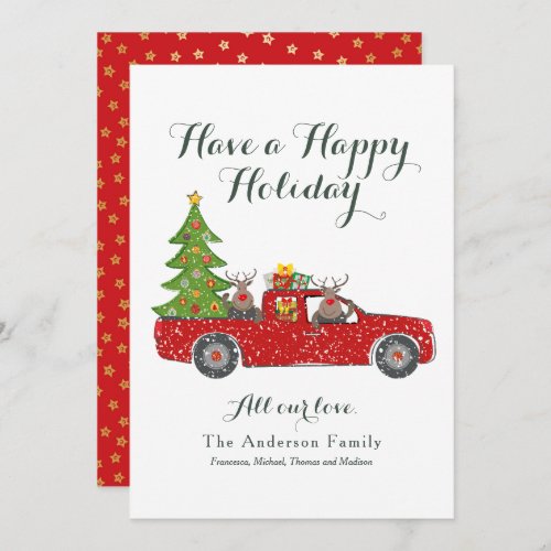Merry Christmas Red Truck with Family Name Holiday Card