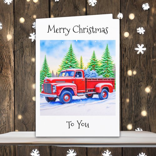 Merry Christmas  Red Truck with Pine Trees Holiday Card