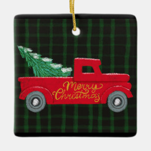 Merry Christmas Red Truck with Tree Ceramic Ornam Ornament