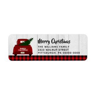 Merry Christmas Red Truckand Tree Red Plaid Label