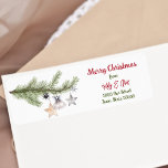 Merry Christmas Red Typography Cute Casual Stylish Label<br><div class="desc">This stylish Christmas return address label has a watercolor art illustration of an evergreen tree branch decorated with cute holiday ornaments and festive stars. "Merry Christmas from" is in red handwritten script typography above your personalized name and address. Perfect for all your winter mail, cards, and packages, family and friends...</div>