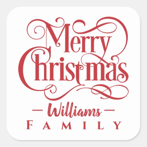 Merry Christmas Red Typography Family Name Holiday Square Sticker
