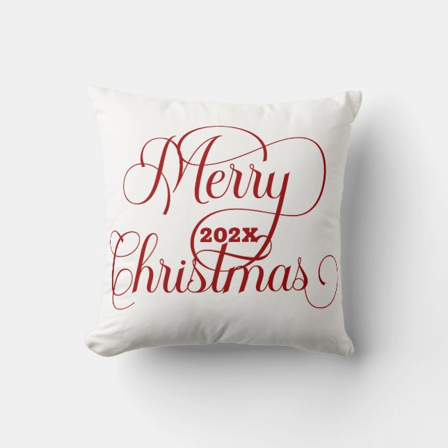 Merry Christmas Red Typography On White Throw Pillow (Front)