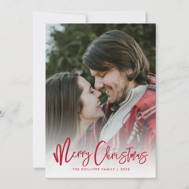 Merry Christmas Red Typography Photo Holiday Card (Front)